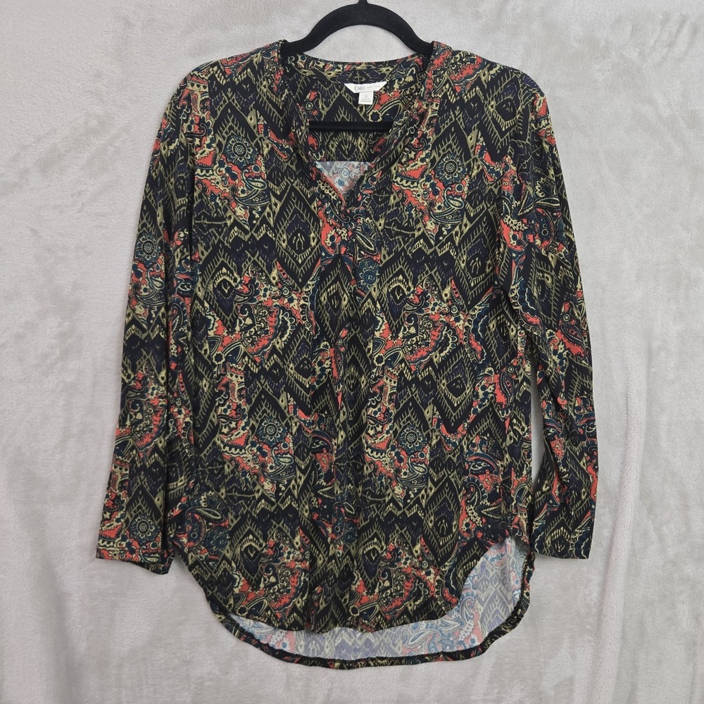Cato Women Multicolor Paisley Polyester V Neck Long Sleeve Top Blouse Size Small